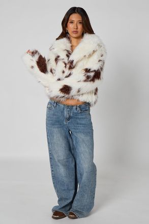 Urban Bliss Womens BROWN PATTERN Cow Print Fur Jacket - Size 16 UK