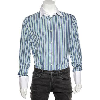 Dsquared2 Blue Striped Cotton Contrast Collar Button Front Shirt