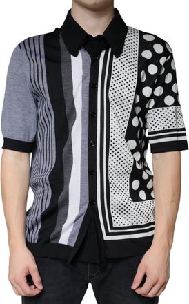 Dolce & Gabbana Mens Mixed-Print Silk-Cotton Blend Polo Shirt Black Virgin