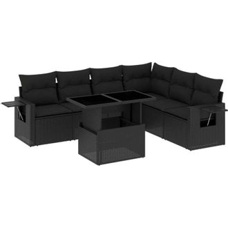 vidaXL Set De Sof&aacute;s De Jard&iacute;n 7 Pzas Con Cojines Rat&aacute;n Sint&eacute;tico Negro Vidaxl