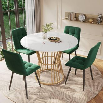 Merax Marble Effect Round Dining Table & 4 Velvet Chairs Set in Green