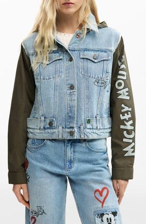 Desigual Mickey Mouse Embroidered Mixed Media Denim Hooded Jacket in Medium Blue at Nordstrom, Size X-Large
