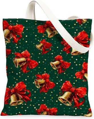 Generic Holiday Canvas Tote Bags, Festive Bell Pattern Reusable Shopping Bags, Merry Seasonal Lightweight Washable Canvas for Gifts Travel Beach 13x15 Inch