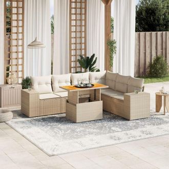 vidaXL Vidaxl - Set Sof&aacute;s De Jard&iacute;n 7 Piezas Y Cojines Rat&aacute;n Sint&eacute;tico Beige