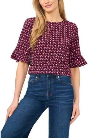 CeCe by Cynthia Steffe Geo Print Ruffle Cuff Top in Starlet Rose at Nordstrom, Size Xx-Small