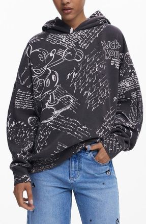 Desigual Mickey Mouse Print Cotton Hoodie in Black at Nordstrom, Size Medium