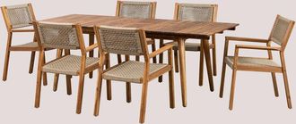 Sklum Sklum - Set De Mesa Rectangular 160-210x90 Cm Extensible Y 6 Sillas De Comedor Con Reposabrazos En Madera De Acacia Tenay