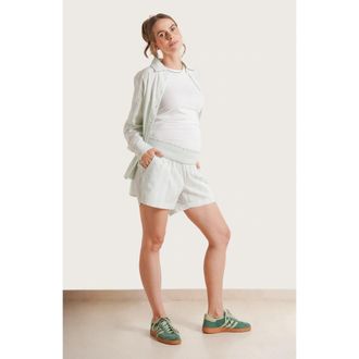 Nom Maternity The Easy Smocked Maternity Shorts in Green Stripe at Nordstrom, Size X-Large