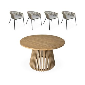 Sweeek Mesa de comedor redonda de madera, interior/exterior + 4 sillones de