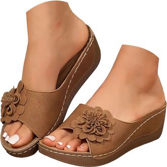 Generic Womens 3D Floral Platform Slide Sandals Chunky Heel Open Toe Slippers with Comfortable Non Slip Brown Sole for Casual Outing, Commute, Summer Beach Ho