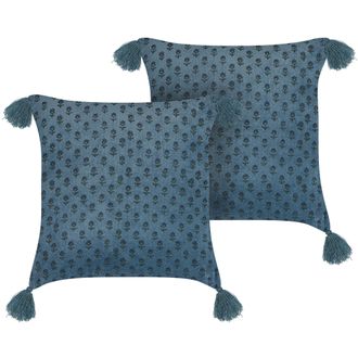 Beliani Conjunto De 2 Cojines De Terciopelo Azul Oscuro 45 X 45 Cm Bloque Impreso Ribes