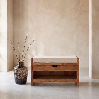 Maisons du monde Banco peque&ntilde;o de madera de mango y algod&oacute;n crudo