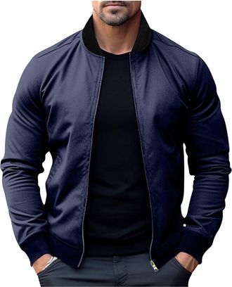 Generic Mens Jacket Bomber Jacket Casual Lightweight Cotton Windbreaker Sportswear With Pockets Long Sleeve Zip Up Stand Collar Jackets Comfortable Material R