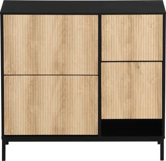 STILVORA Armario Zapatero Con 3 Puertas Abatibles Y Banco Extra&iacute;ble, Estante Abierto, Moderno, En Mdf, Negro Y Natural, 100&times;25&times;100 Cm