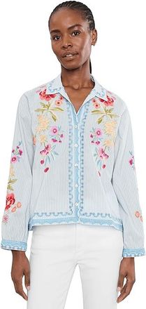 Johnny Was Open Neck Shirt - Angela Womens Clothing Isara Stripe : XS, Cotton/Polyester/Silk