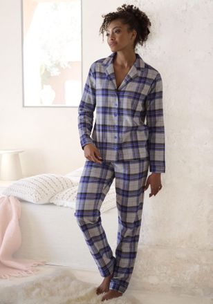 Vivance Pyjama VIVANCE DREAMS, Damen, Gr. 32, blau, Flanell, Obermaterial: 100% Baumwolle, kariert, mehrfarbig, klassisch lang, V-Ausschnitt, Homewear-Sets Py