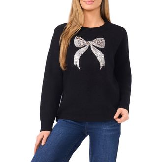 CeCe by Cynthia Steffe Sequin Bow Detail Sweater in Rich Black at Nordstrom, Size Xx-Small
