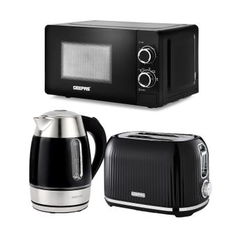Geepas 1.7L Illuminating Electric Kettle 2 Slice Bread Toaster & Microwave Kitchen Combo Set in Black