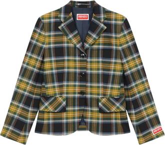 Kenzo Tartan-Check Single-Breasted Blazer - Dames - Blazers - Groen - XS - Wol - Jassen