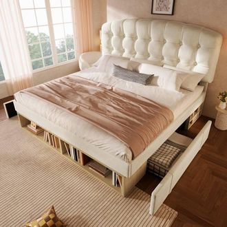 Matteo Beige Velvet Upholstered King Bed Frame with Storage