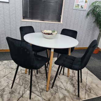 Kosy Koala Dining Table & 4 Chairs White Round Table With 4 Black Velvet Chairs Dining Room Furniture in Brown