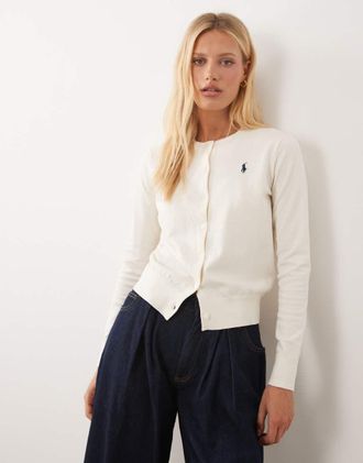 Polo Ralph Lauren cardigan in maglia fine con logo icon crema-Bianco