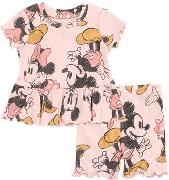 Disney Ribbed T-Shirt & Shorts Set in Minnie Mouse Pink at Nordstrom, Size 24M