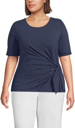 Lands End Lightweight Jersey Tie Front Top in Deep Sea Navy Thin Stripe at Nordstrom, Size 1X