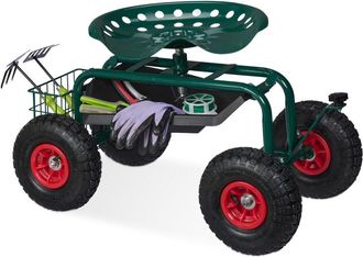 Relaxdays Relaxdays Asiento De Jard&iacute;n Con Ruedas Neum&aacute;ticas, Para Jardiner&iacute;a, Altura Regulable, 150 Kg, Almacenaje, Acero, Verde