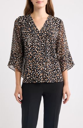 Anne Klein Print Mixed Media Split Neck Top in Anne Black/vicuna Multi at Nordstrom, Size X-Large