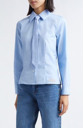 Sandy Liang Levi Button-Up Shirt with Removable Tie in Light Blue at Nordstrom, Size X-Small