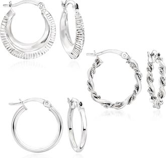 Ross-Simons Sterling Silver Jewelry Set: 3 Pairs Of Textured and Polished Hoop Earrings