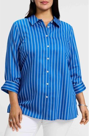 Foxcroft Evelyn Stripe Three-Quarter Sleeve Cotton Button-Up Shirt in Cobalt Blue White at Nordstrom, Size 3X