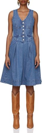 Avec Les Filles Button Front Sleeveless Denim Fit & Flare Dress in Medium Blue Wash at Nordstrom Rack, Size 12