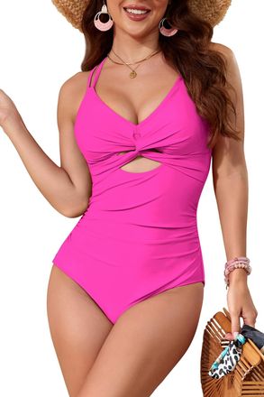 SHEKINI Swimming Costume for Women One Piece Swimsuit Womens Swimwear Cutout Twist Front Tummy Control Bathing Suits Pink