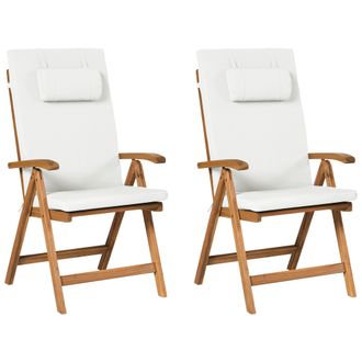Beliani Conjunto De 2 Sillas De Jard&iacute;n R&uacute;sticas De Madera De Acacia Clara Plegables Con Cojines Blanco Crema Java Premium