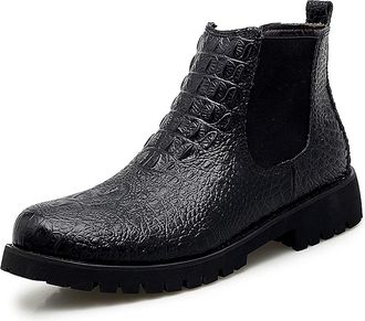 Generic Chelsea Boots For Men Crocodile Print Elastic Bandage Genuine Leather Slip On Waterproof Non Slip Anti-slip Wearable Classic Pull On(Black Lined,5.5 U