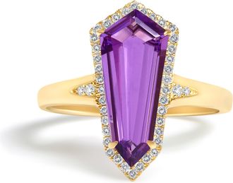 House of Brilliance 10K Yellow Gold Amethyst Shield and 1/6 Cttw Diamond Cocktail Ring