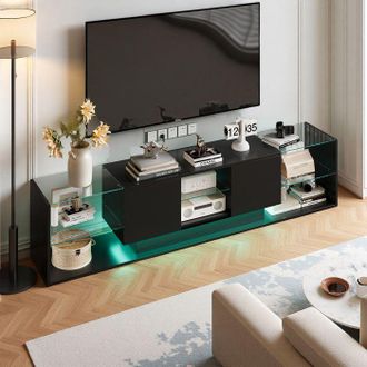 OEM Mueble De Tv 200 Cm - Led Ajustable - Cajones Dobles - Simplicidad Moderna - Madera Y Vidrio Templado - Sal&oacute;n - 200 X 35 X 45 Cm - Negro