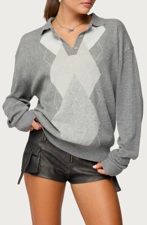 Edikted Kati Argyle Oversize Cotton Polo Sweater in Gray-Melange at Nordstrom, Size X-Small