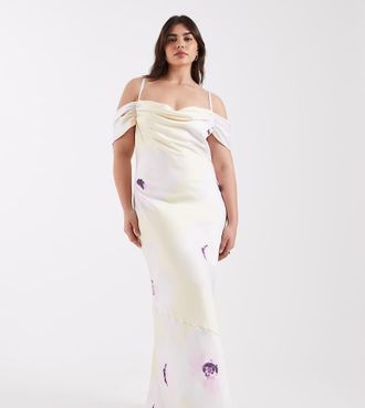 Pretty Lavish Curve Vestito lungo con spalle scoperte con spalline sottili in raso lilla e giallo a fiori-Viola