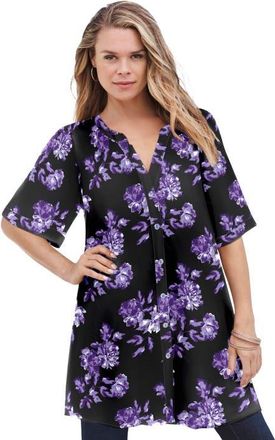 Roaman's Plus Size Angelina Crinkle Crepe Y Neck Short Sleeve Tunic in Black Purple Floral at Nordstrom, Size 38