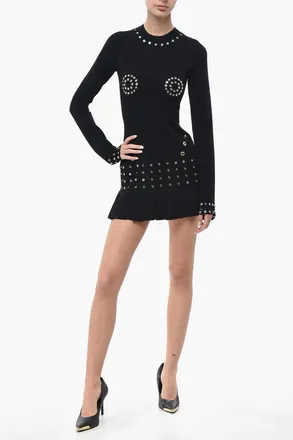 Off-white Minidress in Maglia EYELETS con Fondo Pliss&egrave; Off-White