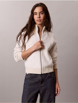 Calvin Klein Jeans Calvin Klein Womens Quilted Chenille Emblem Logo Zip Sweater - White - XL