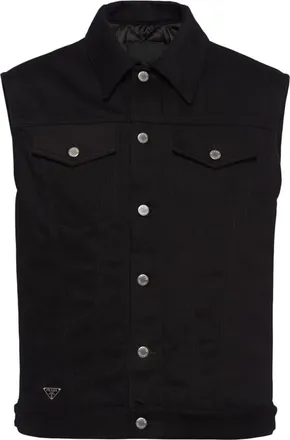 Prada Bull button-up denim gilet - men - Cotton/Polyester/Recycled Polyester/Viscose - S - Black