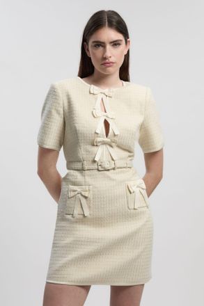 Karen Millen Womens Petite Tailored Tweed Bow Detail Mini Dress - White - Size 14 UK
