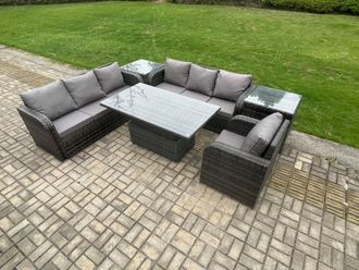 Fimous Outdoor Rattan Garden Furniture Sets Height Adjustable Rising lifting Dining Table Sofa Set with Reclining Chair 2 Side Tables in Dark Grey