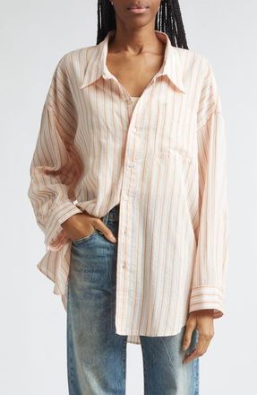 R13 Drop Neck Stripe Cotton & Silk Blend Button-Up Shirt in Light Pink Stripe at Nordstrom, Size X-Small