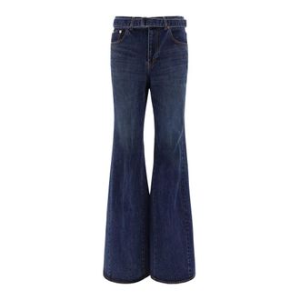 sacai Jeans, Dames, Blauw, M, Katoen, Geriemde Wijd uitlopende Jeans