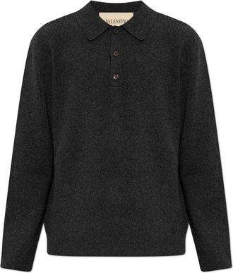 Valentino Garavani Wool Long-Sleeve Polo Shirt - Heren - V-hals truien - Grijs - XL - Wol - Truien & Vesten